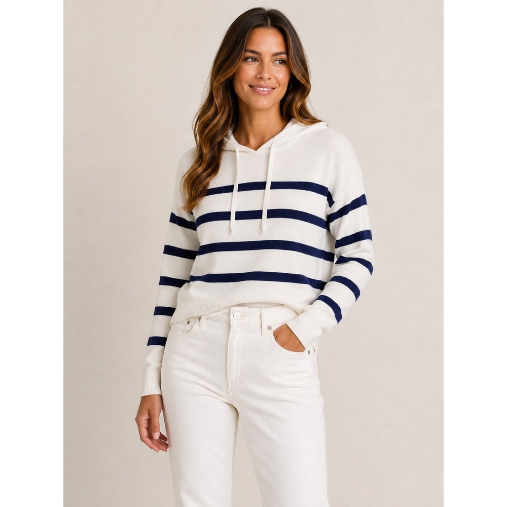 Stitches + Stripes Navy White Striped Cotton Knit Hoodie L Coastal Minimalist